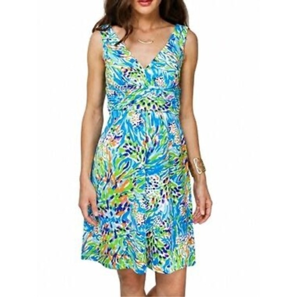 Lilly Pulitzer V-Neck Knit Dress Womens Small Blue Green Floral 68640 Resort